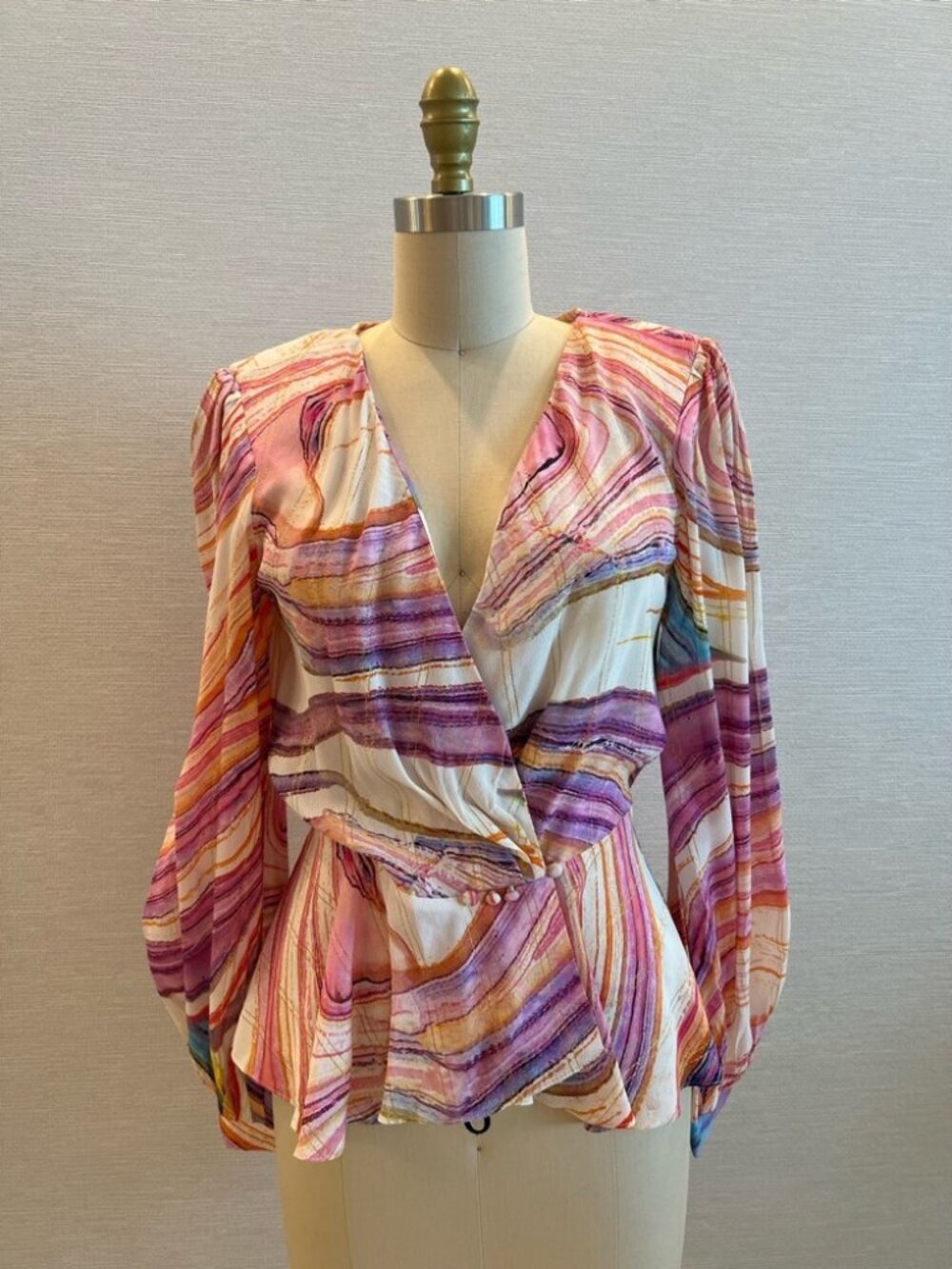 Rococo Sand Eira Peplum Wrap Top Peach Lilac Metallic Stripe NWT M